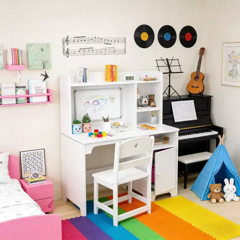 Kids Study Desk & Chair Set with Bookshelf & Organizer for Boys Girls Ages 3-8