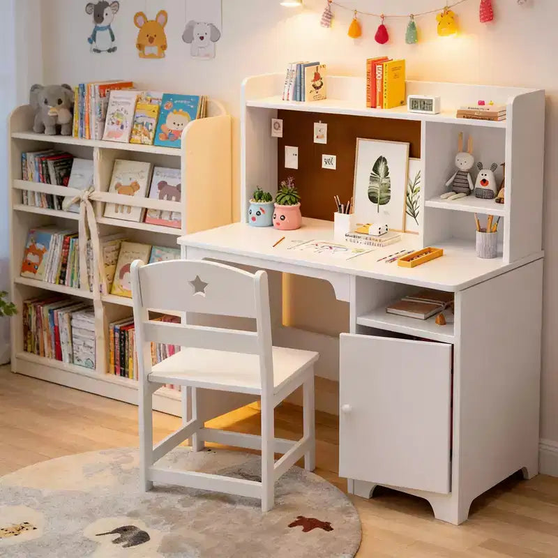 Kids Study Desk & Chair Set with Bookshelf & Organizer for Boys Girls Ages 3-8
