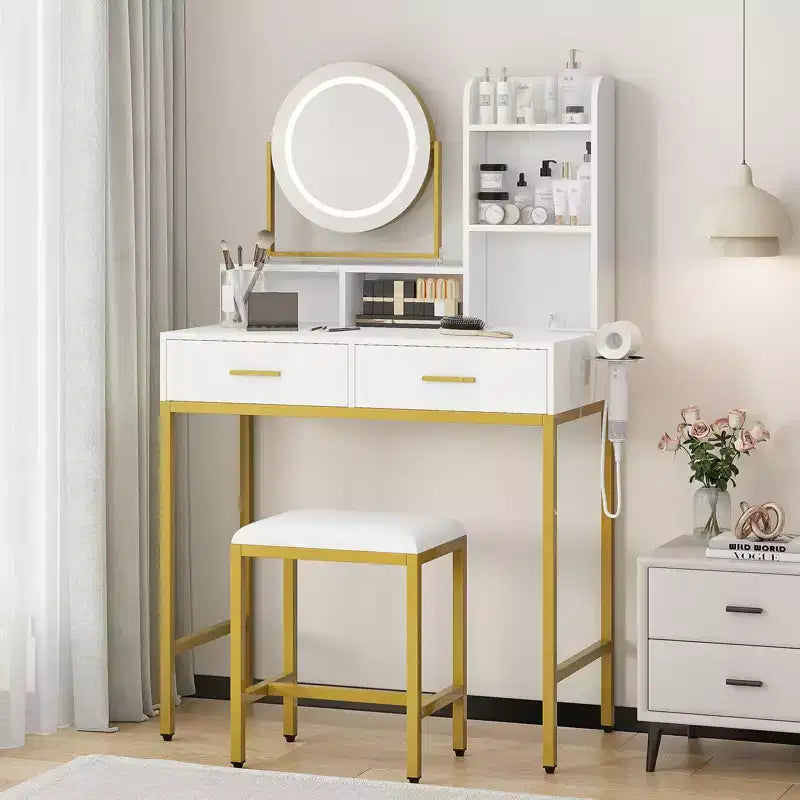 Modern Makeup Vanity Desk with Adjustable Rotating Mirror -Lights, Power Outlet - 2 Drawers, Storage Shelves & Stool - Bedroom Dressing Table