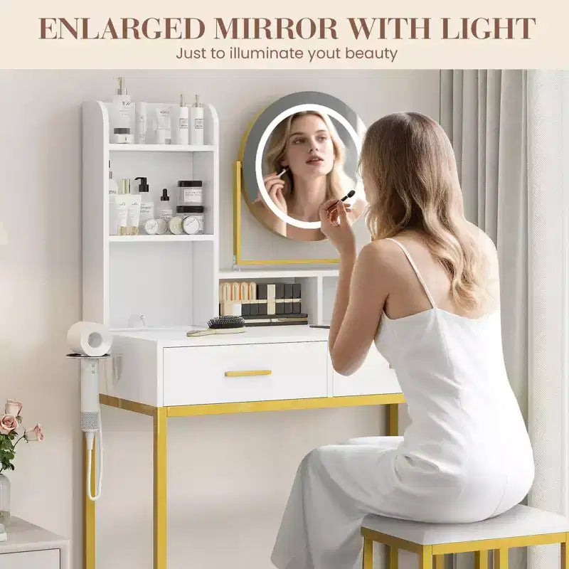 Modern Makeup Vanity Desk with Adjustable Rotating Mirror -Lights, Power Outlet - 2 Drawers, Storage Shelves & Stool - Bedroom Dressing Table