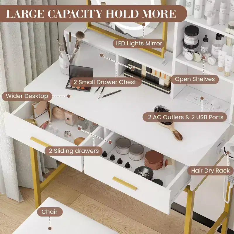 Modern Makeup Vanity Desk with Adjustable Rotating Mirror -Lights, Power Outlet - 2 Drawers, Storage Shelves & Stool - Bedroom Dressing Table