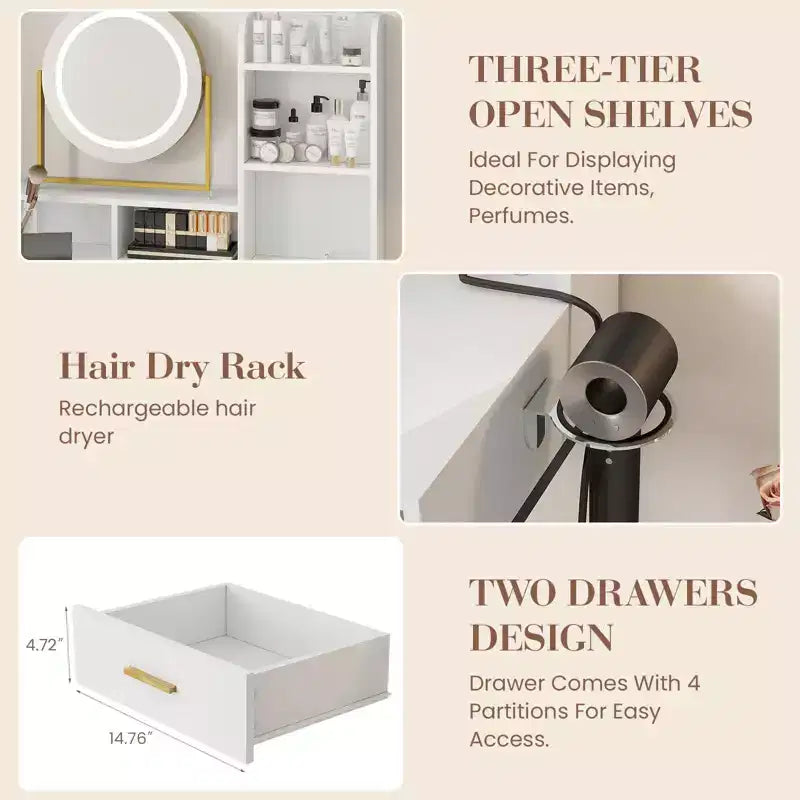 Modern Makeup Vanity Desk with Adjustable Rotating Mirror -Lights, Power Outlet - 2 Drawers, Storage Shelves & Stool - Bedroom Dressing Table