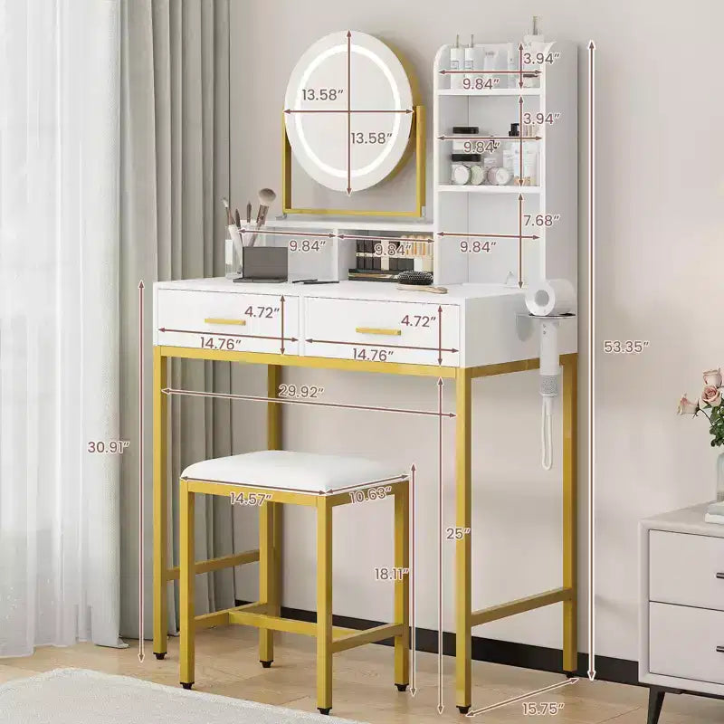 Modern Makeup Vanity Desk with Adjustable Rotating Mirror -Lights, Power Outlet - 2 Drawers, Storage Shelves & Stool - Bedroom Dressing Table