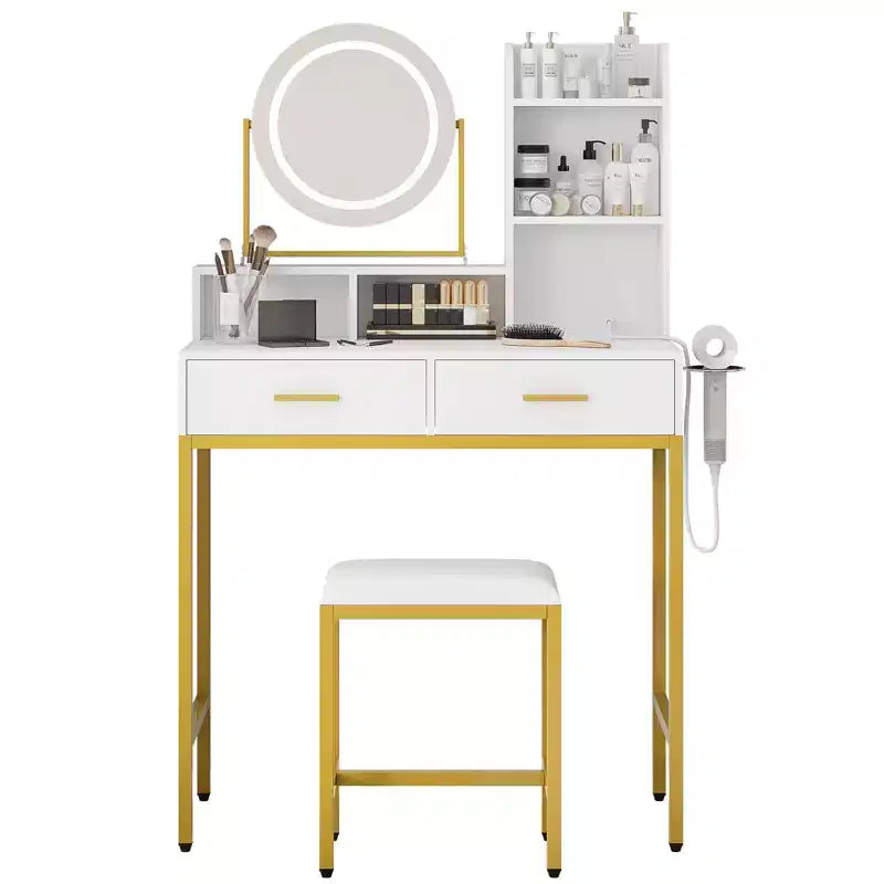 Modern Makeup Vanity Desk with Adjustable Rotating Mirror -Lights, Power Outlet - 2 Drawers, Storage Shelves & Stool - Bedroom Dressing Table