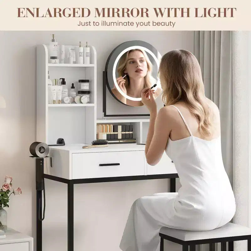 Modern Makeup Vanity Desk with Adjustable Rotating Mirror -Lights, Power Outlet - 2 Drawers, Storage Shelves & Stool - Bedroom Dressing Table