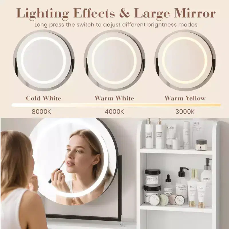 Modern Makeup Vanity Desk with Adjustable Rotating Mirror -Lights, Power Outlet - 2 Drawers, Storage Shelves & Stool - Bedroom Dressing Table