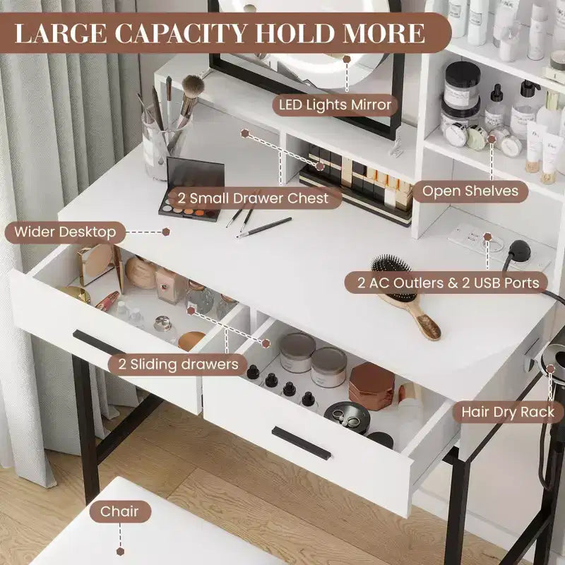 Modern Makeup Vanity Desk with Adjustable Rotating Mirror -Lights, Power Outlet - 2 Drawers, Storage Shelves & Stool - Bedroom Dressing Table