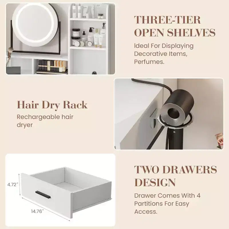 Modern Makeup Vanity Desk with Adjustable Rotating Mirror -Lights, Power Outlet - 2 Drawers, Storage Shelves & Stool - Bedroom Dressing Table