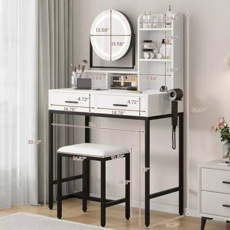 Modern Makeup Vanity Desk with Adjustable Rotating Mirror -Lights, Power Outlet - 2 Drawers, Storage Shelves & Stool - Bedroom Dressing Table
