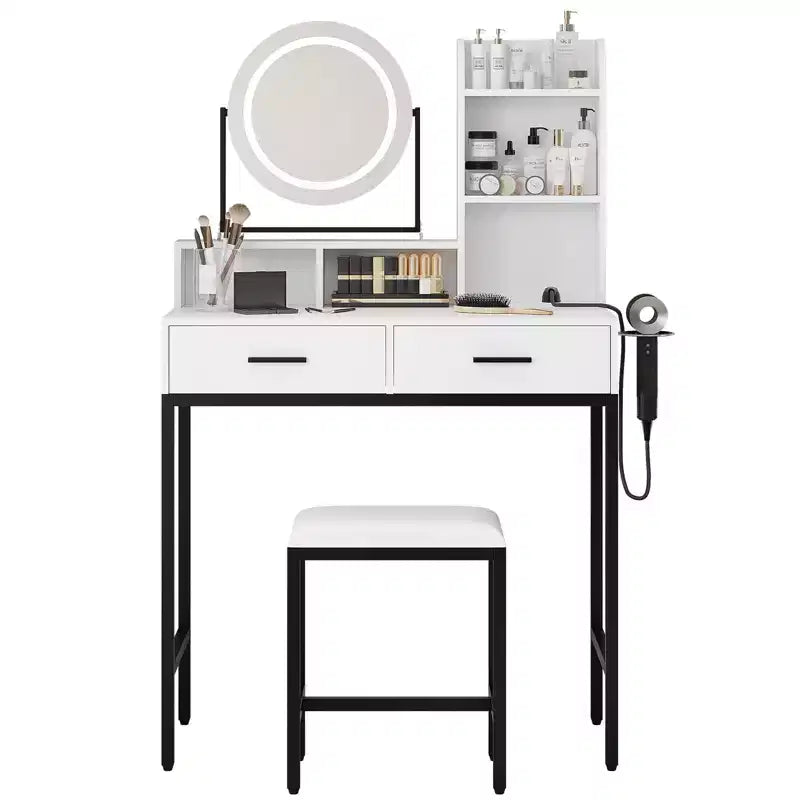 Modern Makeup Vanity Desk with Adjustable Rotating Mirror -Lights, Power Outlet - 2 Drawers, Storage Shelves & Stool - Bedroom Dressing Table