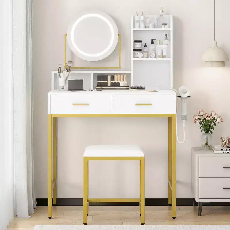 Modern Makeup Vanity Desk with Adjustable Rotating Mirror -Lights, Power Outlet - 2 Drawers, Storage Shelves & Stool - Bedroom Dressing Table