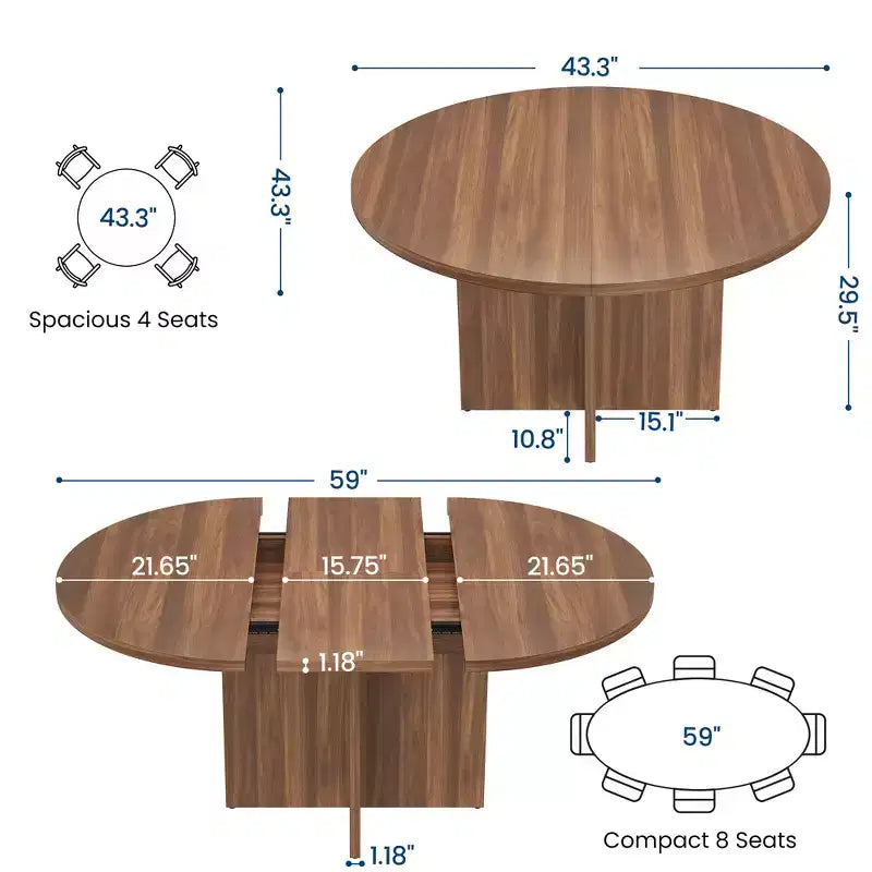 43.3''-59'' Extendable Round Dining Table for 4-8, Modern Kitchen Oval Dining Table with Removable Leaves, Wooden Kitchen Table
