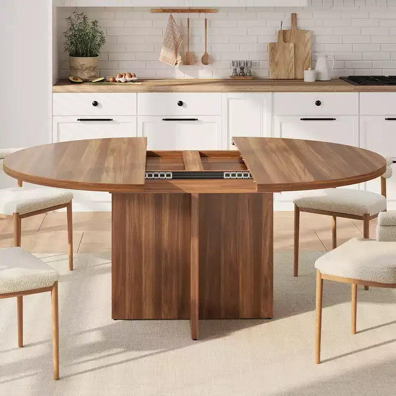 43.3''-59'' Extendable Round Dining Table for 4-8, Modern Kitchen Oval Dining Table with Removable Leaves, Wooden Kitchen Table