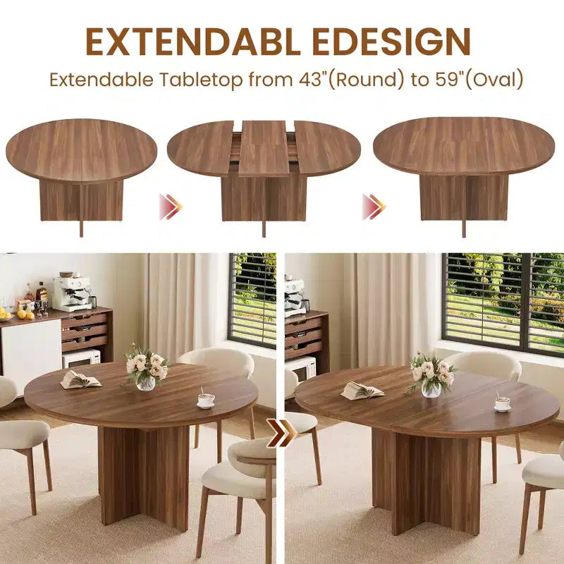 43.3''-59'' Extendable Round Dining Table for 4-8, Modern Kitchen Oval Dining Table with Removable Leaves, Wooden Kitchen Table