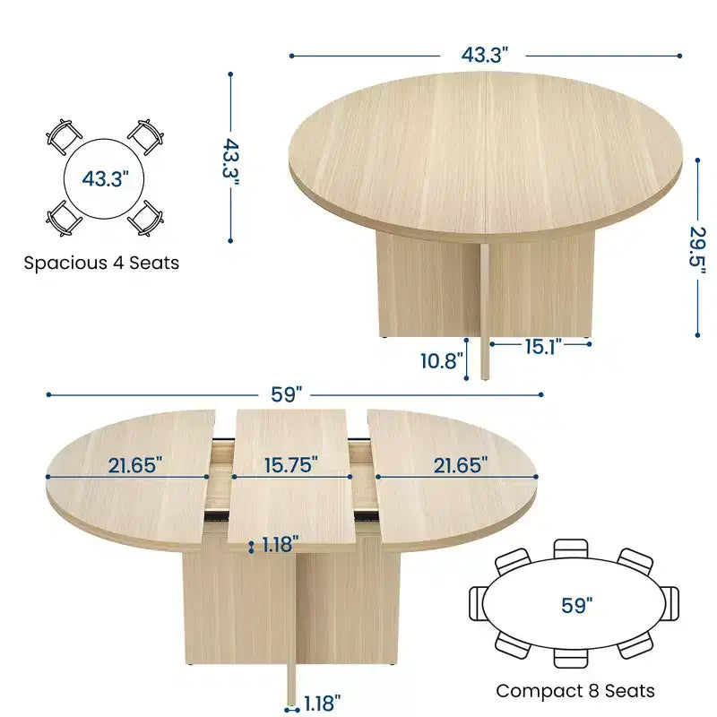 43.3''-59'' Extendable Round Dining Table for 4-8, Modern Kitchen Oval Dining Table with Removable Leaves, Wooden Kitchen Table