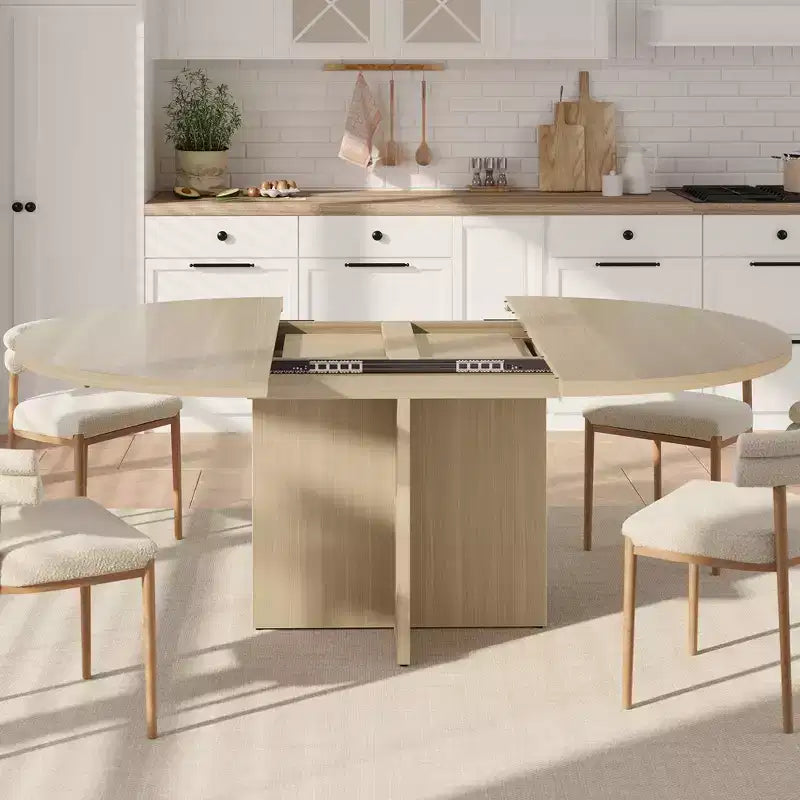 43.3''-59'' Extendable Round Dining Table for 4-8, Modern Kitchen Oval Dining Table with Removable Leaves, Wooden Kitchen Table