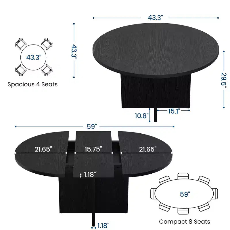 43.3''-59'' Extendable Round Dining Table for 4-8, Modern Kitchen Oval Dining Table with Removable Leaves, Wooden Kitchen Table