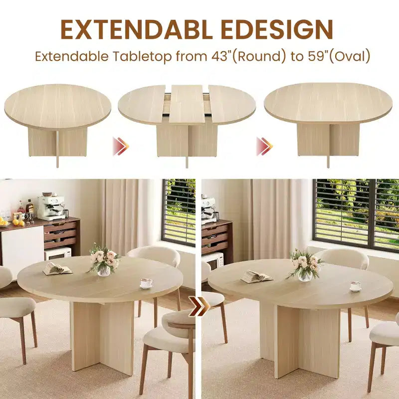 43.3''-59'' Extendable Round Dining Table for 4-8, Modern Kitchen Oval Dining Table with Removable Leaves, Wooden Kitchen Table