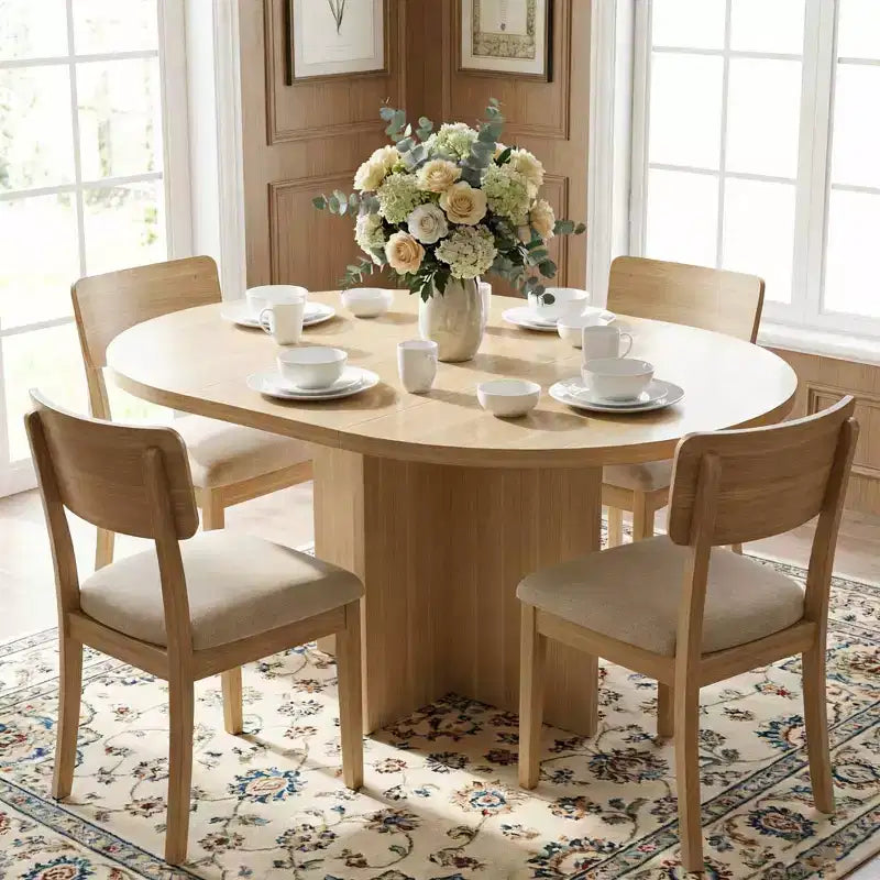 43.3''-59'' Extendable Round Dining Table for 4-8, Modern Kitchen Oval Dining Table with Removable Leaves, Wooden Kitchen Table