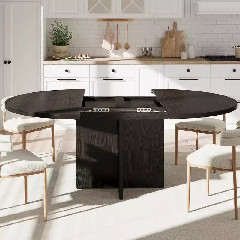 43.3''-59'' Extendable Round Dining Table for 4-8, Modern Kitchen Oval Dining Table with Removable Leaves, Wooden Kitchen Table