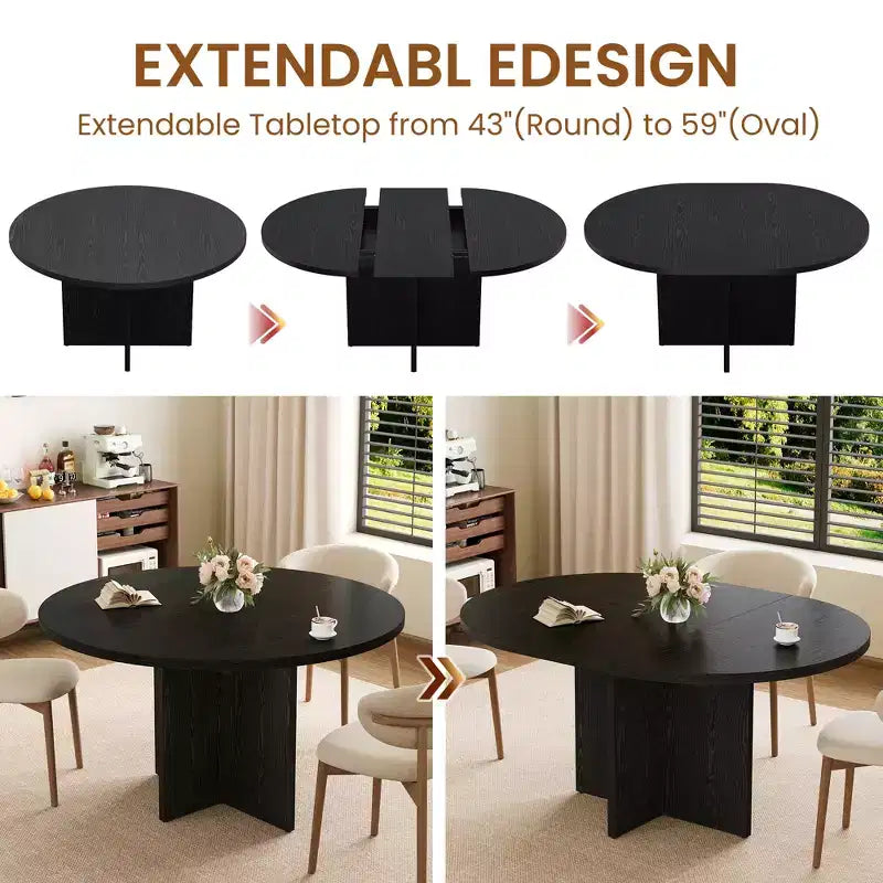 43.3''-59'' Extendable Round Dining Table for 4-8, Modern Kitchen Oval Dining Table with Removable Leaves, Wooden Kitchen Table