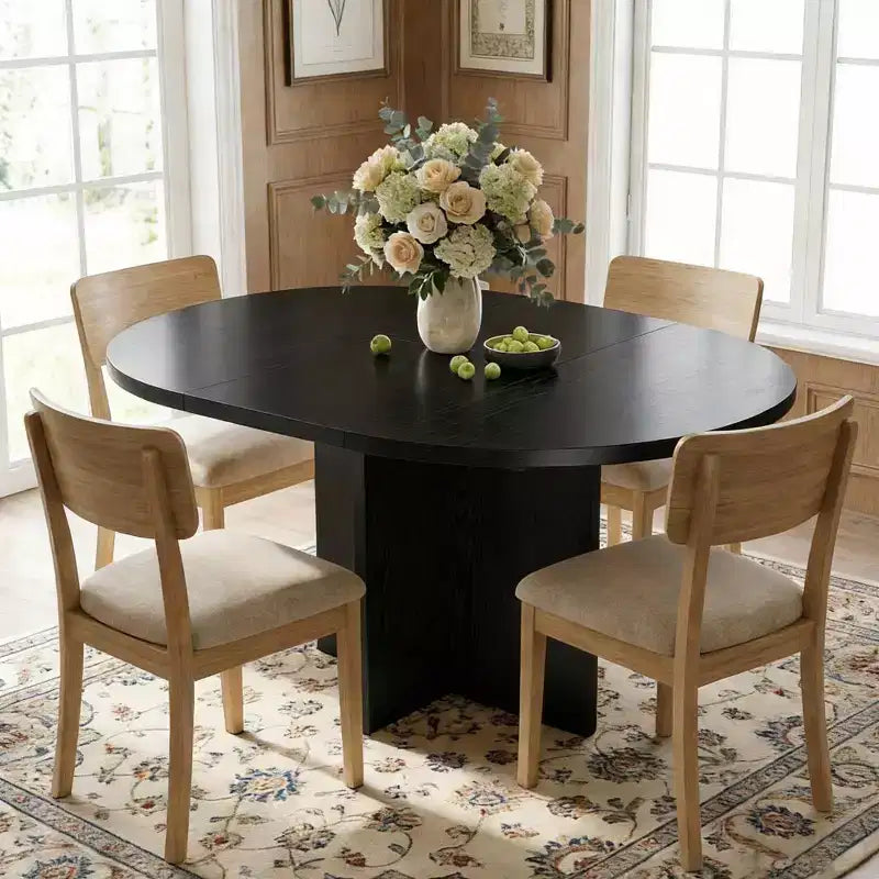 43.3''-59'' Extendable Round Dining Table for 4-8, Modern Kitchen Oval Dining Table with Removable Leaves, Wooden Kitchen Table