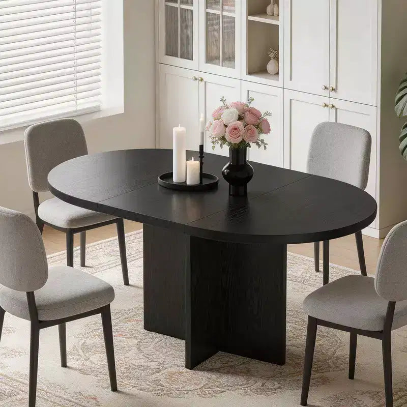 43.3''-59'' Extendable Round Dining Table for 4-8, Modern Kitchen Oval Dining Table with Removable Leaves, Wooden Kitchen Table