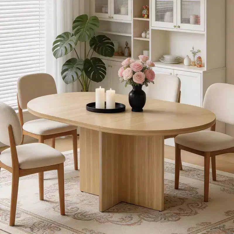 43.3''-59'' Extendable Round Dining Table for 4-8, Modern Kitchen Oval Dining Table with Removable Leaves, Wooden Kitchen Table