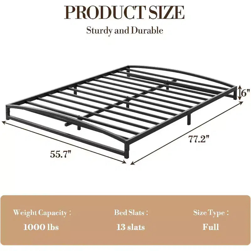 Full Size Bed Frame with Unique Arched Headboard, 6 Inch Height, Metal Platform Bed Frame with Steel Slat Support, No Box Spring Needed, Easy Assembly