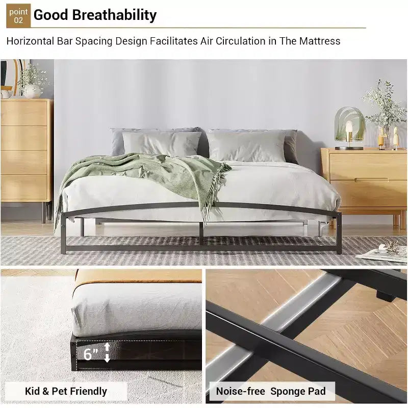 Full Size Bed Frame with Unique Arched Headboard, 6 Inch Height, Metal Platform Bed Frame with Steel Slat Support, No Box Spring Needed, Easy Assembly