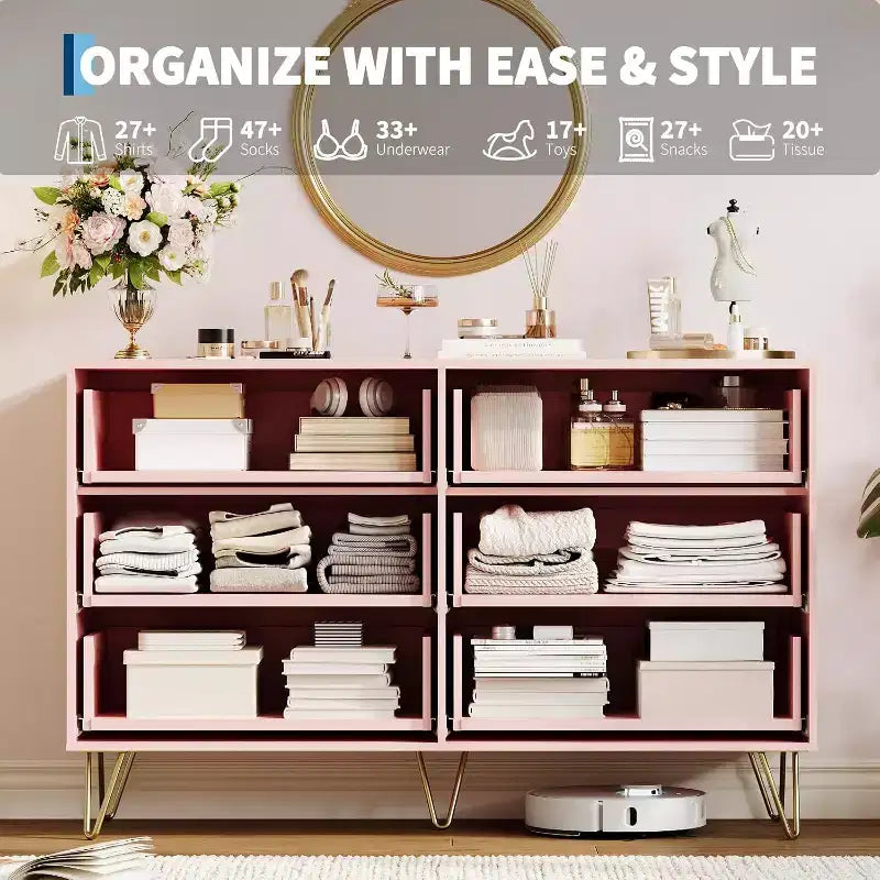 Fluted Dresser for Bedroom with 6 Drawers, 47 Wide Chest of Wooden Bedroom Chest with Metal Handle, Clothes Storage Organizer, Dresser & TV Stand