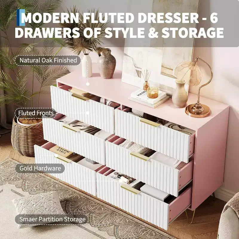 Fluted Dresser for Bedroom with 6 Drawers, 47 Wide Chest of Wooden Bedroom Chest with Metal Handle, Clothes Storage Organizer, Dresser & TV Stand