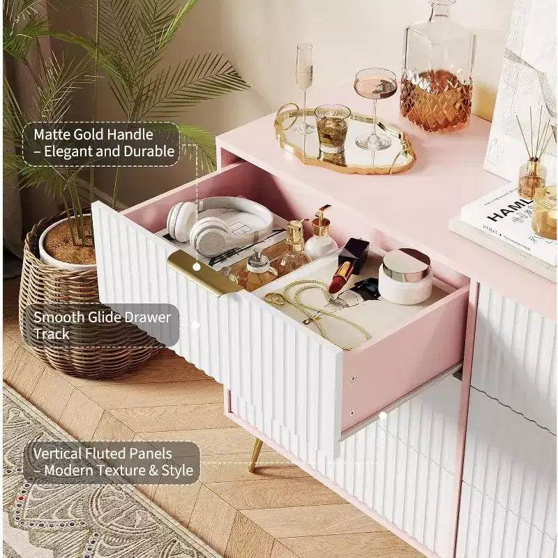 Fluted Dresser for Bedroom with 6 Drawers, 47 Wide Chest of Wooden Bedroom Chest with Metal Handle, Clothes Storage Organizer, Dresser & TV Stand