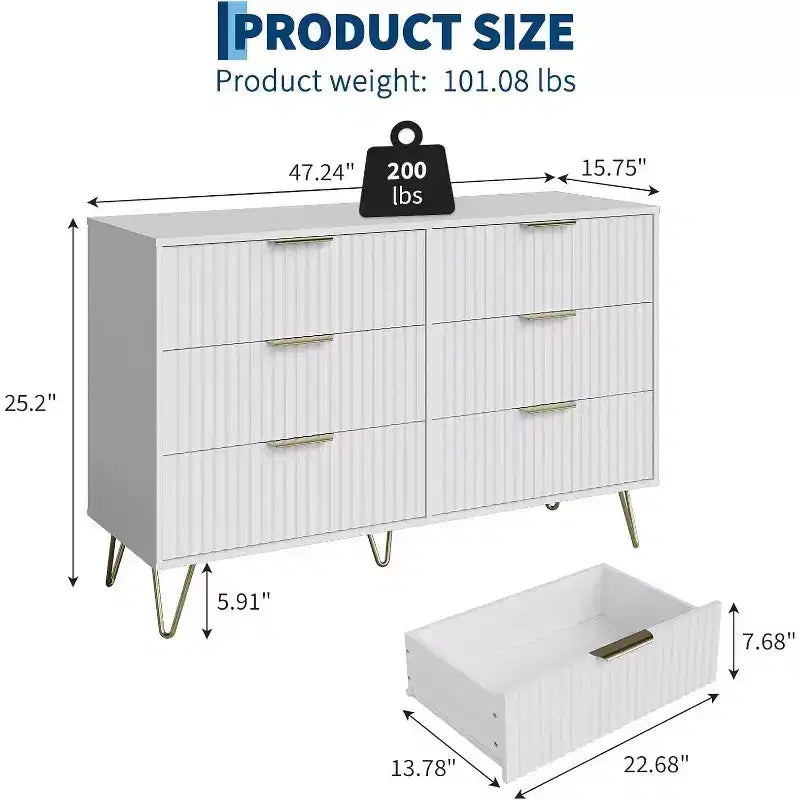 Fluted Dresser for Bedroom with 6 Drawers, 47 Wide Chest of Wooden Bedroom Chest with Metal Handle, Clothes Storage Organizer, Dresser & TV Stand