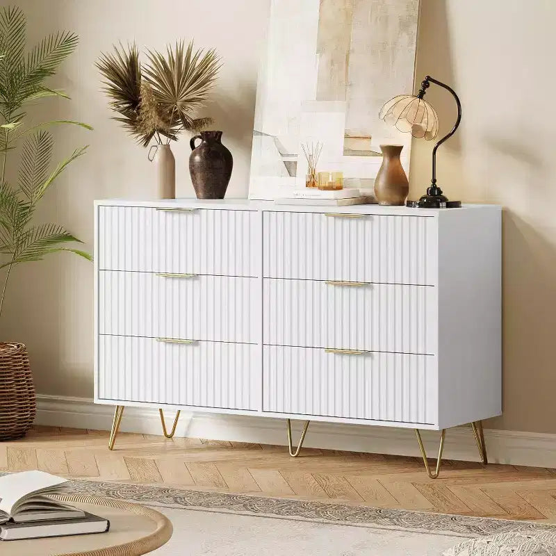 Fluted Dresser for Bedroom with 6 Drawers, 47 Wide Chest of Wooden Bedroom Chest with Metal Handle, Clothes Storage Organizer, Dresser & TV Stand