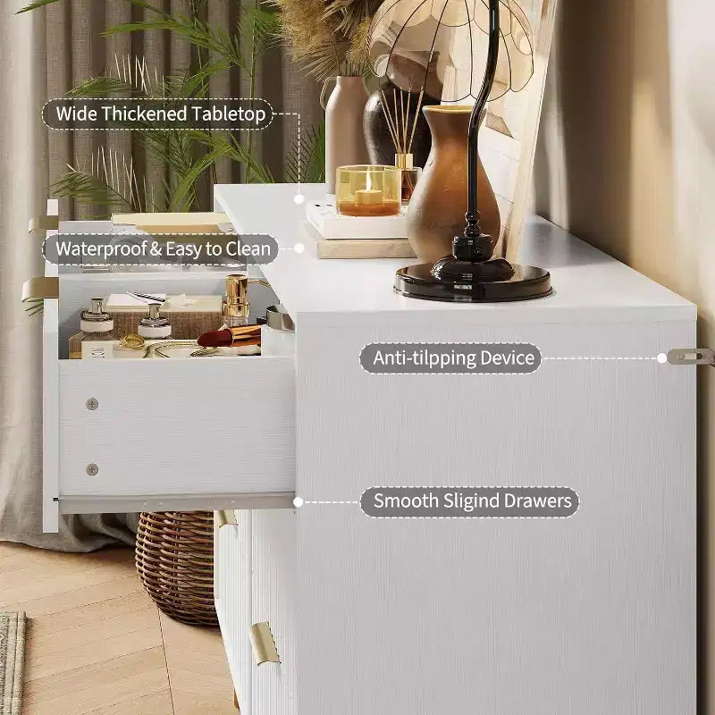 Fluted Dresser for Bedroom with 6 Drawers, 47 Wide Chest of Wooden Bedroom Chest with Metal Handle, Clothes Storage Organizer, Dresser & TV Stand