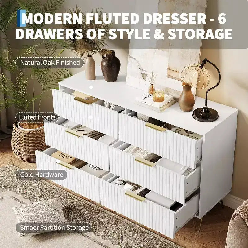 Fluted Dresser for Bedroom with 6 Drawers, 47 Wide Chest of Wooden Bedroom Chest with Metal Handle, Clothes Storage Organizer, Dresser & TV Stand