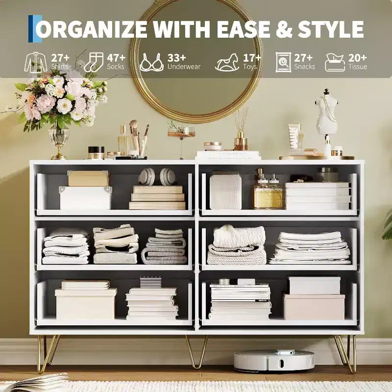 Fluted Dresser for Bedroom with 6 Drawers, 47 Wide Chest of Wooden Bedroom Chest with Metal Handle, Clothes Storage Organizer, Dresser & TV Stand