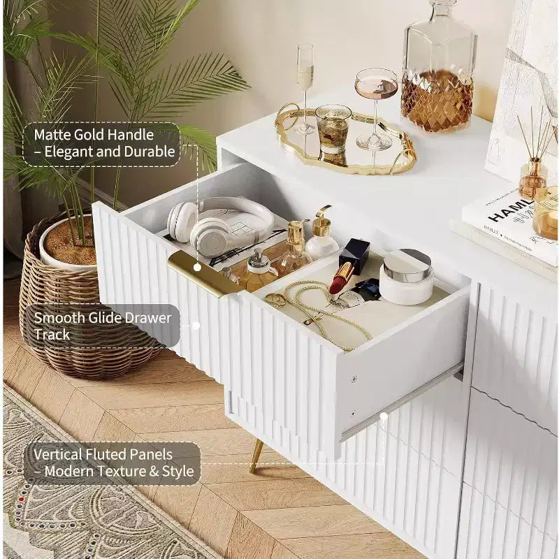Fluted Dresser for Bedroom with 6 Drawers, 47 Wide Chest of Wooden Bedroom Chest with Metal Handle, Clothes Storage Organizer, Dresser & TV Stand