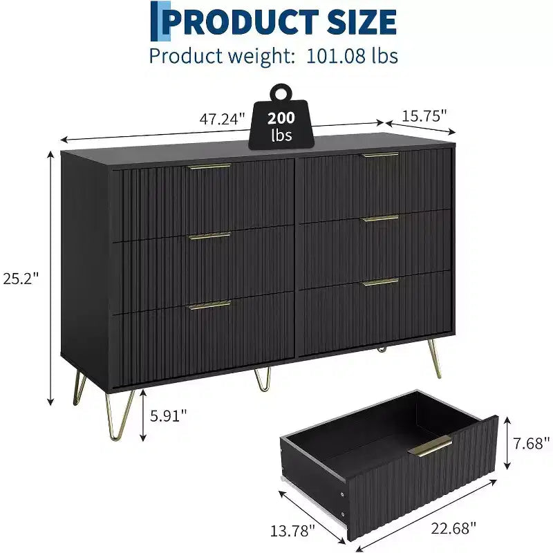 Fluted Dresser for Bedroom with 6 Drawers, 47 Wide Chest of Wooden Bedroom Chest with Metal Handle, Clothes Storage Organizer, Dresser & TV Stand