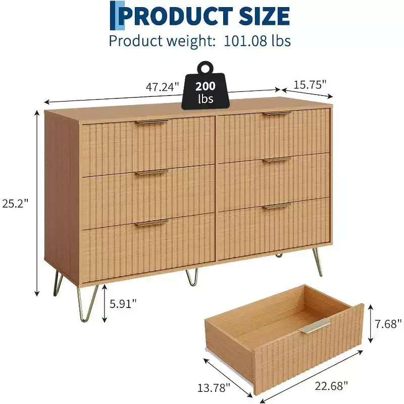 Fluted Dresser for Bedroom with 6 Drawers, 47 Wide Chest of Wooden Bedroom Chest with Metal Handle, Clothes Storage Organizer, Dresser & TV Stand