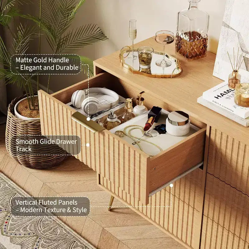 Fluted Dresser for Bedroom with 6 Drawers, 47 Wide Chest of Wooden Bedroom Chest with Metal Handle, Clothes Storage Organizer, Dresser & TV Stand