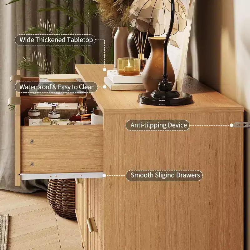 Fluted Dresser for Bedroom with 6 Drawers, 47 Wide Chest of Wooden Bedroom Chest with Metal Handle, Clothes Storage Organizer, Dresser & TV Stand