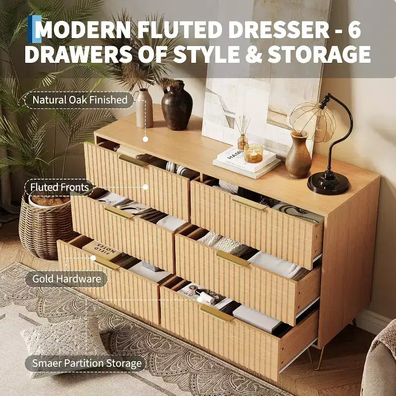 Fluted Dresser for Bedroom with 6 Drawers, 47 Wide Chest of Wooden Bedroom Chest with Metal Handle, Clothes Storage Organizer, Dresser & TV Stand