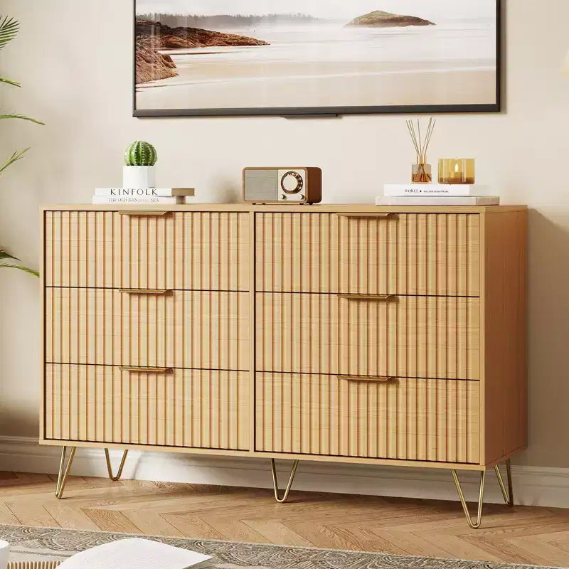 Fluted Dresser for Bedroom with 6 Drawers, 47 Wide Chest of Wooden Bedroom Chest with Metal Handle, Clothes Storage Organizer, Dresser & TV Stand