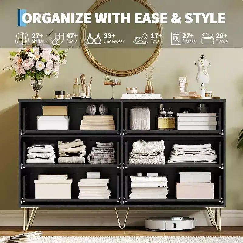 Fluted Dresser for Bedroom with 6 Drawers, 47 Wide Chest of Wooden Bedroom Chest with Metal Handle, Clothes Storage Organizer, Dresser & TV Stand