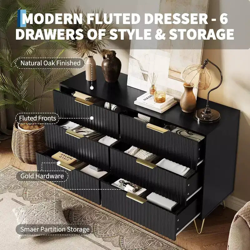 Fluted Dresser for Bedroom with 6 Drawers, 47 Wide Chest of Wooden Bedroom Chest with Metal Handle, Clothes Storage Organizer, Dresser & TV Stand