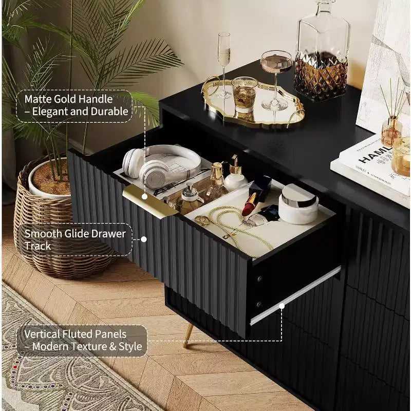 Fluted Dresser for Bedroom with 6 Drawers, 47 Wide Chest of Wooden Bedroom Chest with Metal Handle, Clothes Storage Organizer, Dresser & TV Stand
