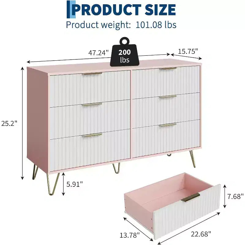 Fluted Dresser for Bedroom with 6 Drawers, 47 Wide Chest of Wooden Bedroom Chest with Metal Handle, Clothes Storage Organizer, Dresser & TV Stand
