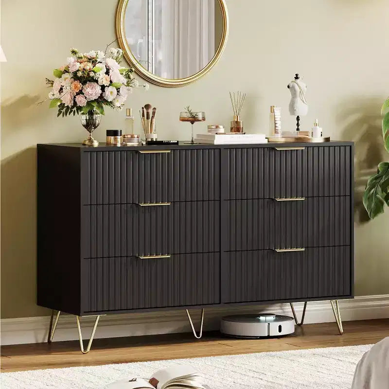 Fluted Dresser for Bedroom with 6 Drawers, 47 Wide Chest of Wooden Bedroom Chest with Metal Handle, Clothes Storage Organizer, Dresser & TV Stand